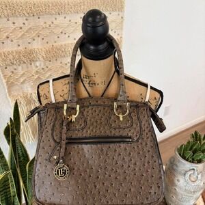 London Fog brown leather ostrich embossed handbag with gold hardware